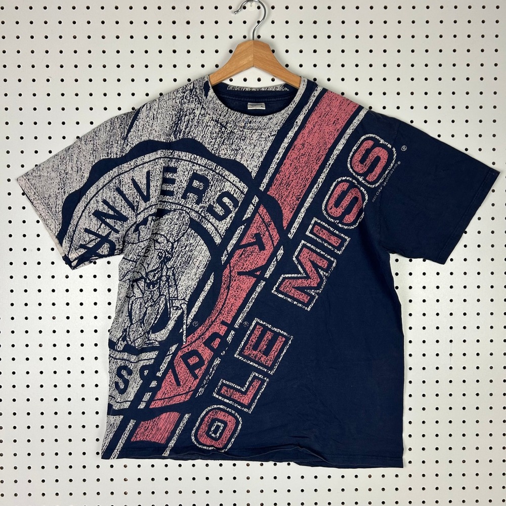 Ole Miss Rebels T Shirt Large Jerzees Red Oak‎ Sportswear All Over Print Colonel